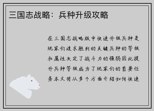 三国志战略：兵种升级攻略